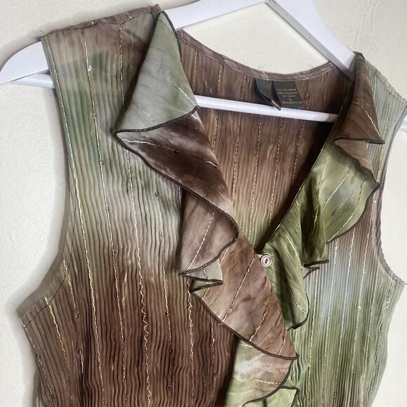 Serenade Y2k Style Green & Brown Crinkle Sheer Ruffle Blouse Top Large - Picture 3 of 11